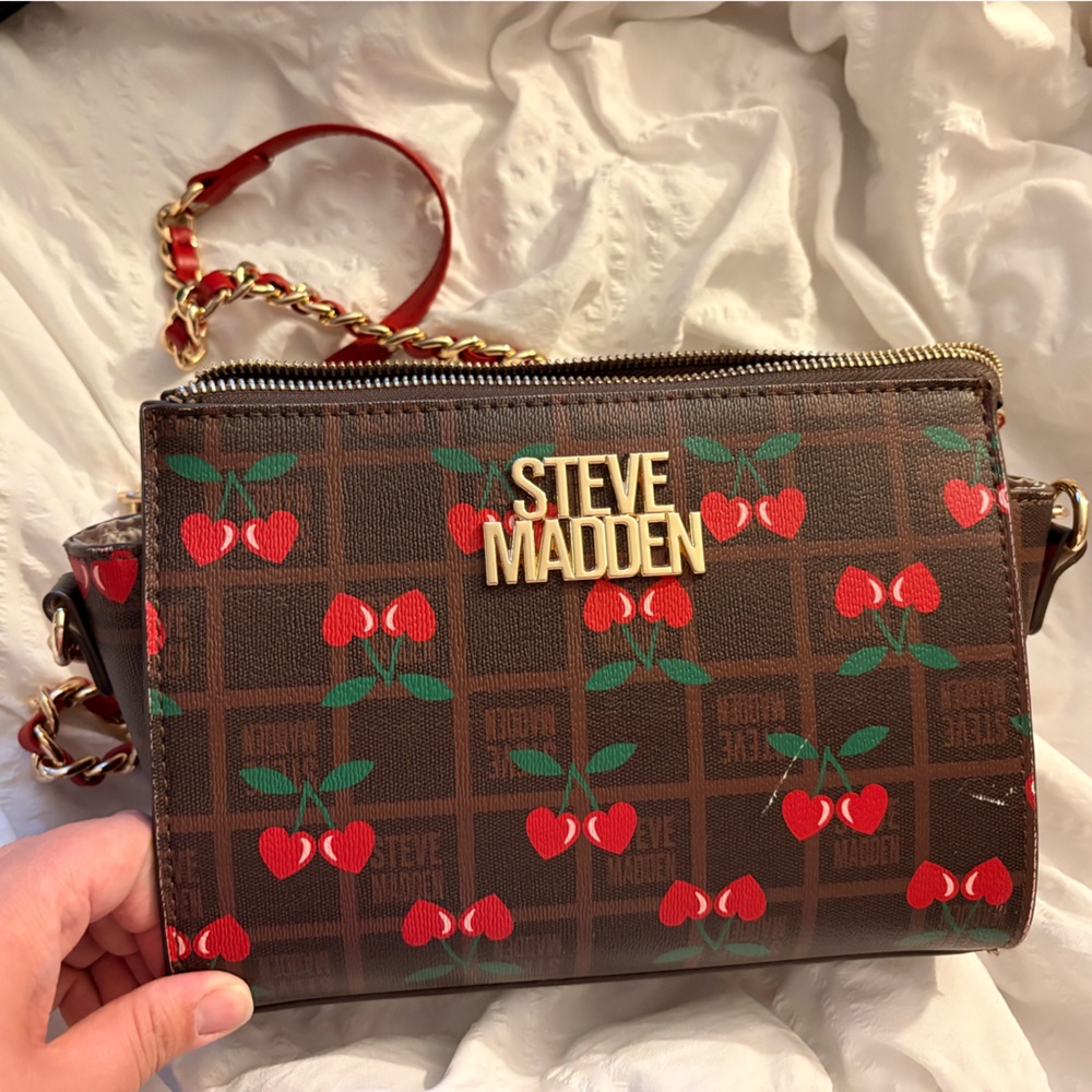Steve Madden Brown Cherry Checkered Crossbody
